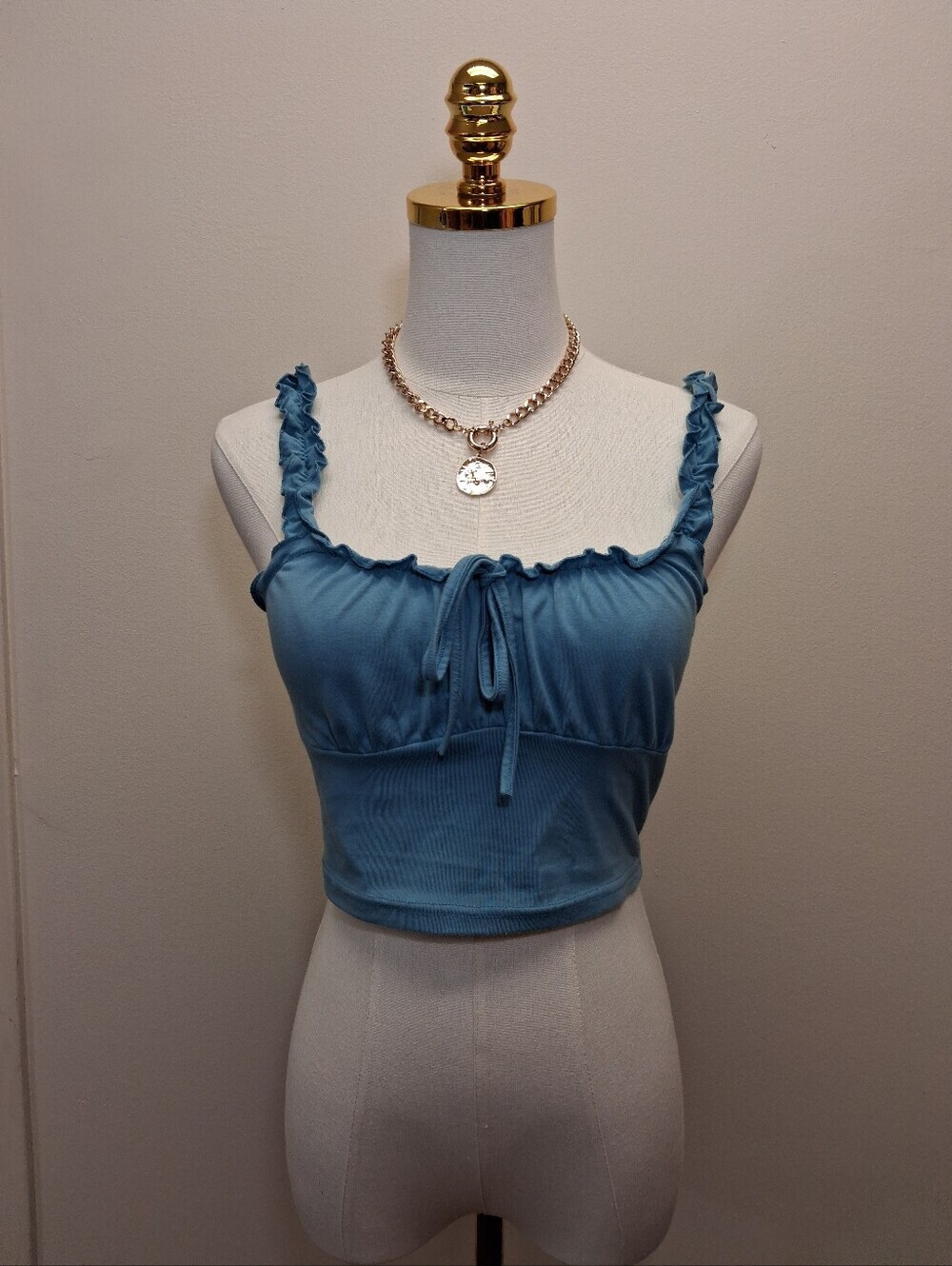 SHEIN Blue Ruffle Strap Tie Front Crop Top Size Small